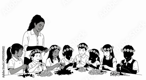 Children crafting flower crowns with teacher, vector illustration for summer activity and creative learning. for branding, packaging, banner, poster, website header, and social media design use