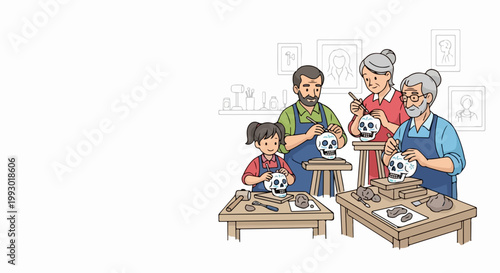 Family crafting skulls in art class vector illustration. Multi-generational group learning sculpting techniques together. Creative hobby and educational activity for all ages.