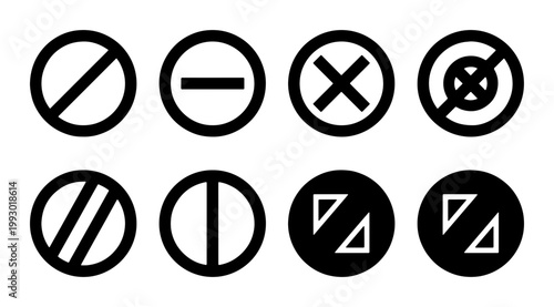Prohibition sign icon set, black circular forbidden symbols, 8 vector warning and restriction elements for UI design and safety signage
