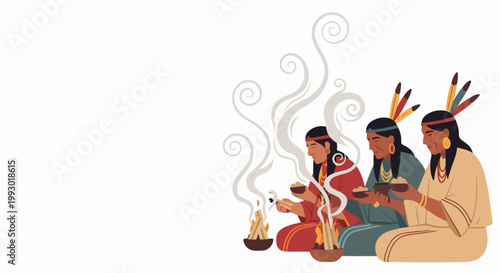 Indigenous women gather for a spiritual ceremony with smoke and offerings, vector illustration. Native American cultural ritual with traditional attire and sacred fire.