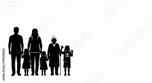Vector silhouette family group generations standing together, parents, children, grandparent, diverse ages, simple graphic representation. for branding, packaging, banner, poster, website header,