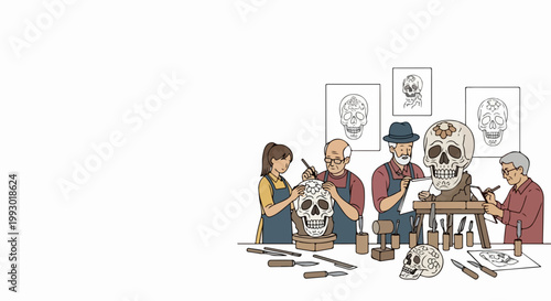 Artistic skull carving workshop vector illustration with diverse group of people learning sculpting techniques. Creative hobby pursuit for adults and seniors exploring anatomical art forms.