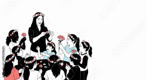 Childrens flower crown workshop vector illustration with teacher guiding young girls in crafting floral headwear. Creative activity for kids, learning floral arrangement and nature crafts.