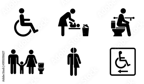 Universal restroom icons and accessibility symbols, set of 6 black vector pictograms for public signage, inclusive bathroom and disability wayfinding elements