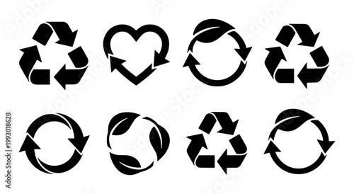 Recycle symbol vector set, eco friendly icons with leaves and heart shapes, black circular arrows for sustainable packaging and waste management