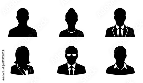 Minimalist user profile avatar icons, set of 6 black silhouette person symbols, professional business character headshots for web interface design
