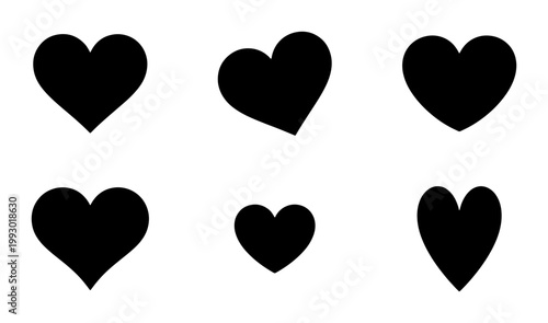 Minimalist black heart silhouettes set, 6 romantic vector icons for wedding and valentine design, simple love symbols on white background