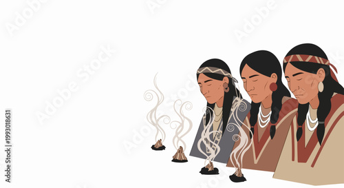 Indigenous women performing smudging ritual with smoke in vector illustration style. Spiritual cleansing ceremony for peace and harmony. Cultural tradition for wellness and healing.