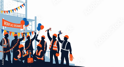 Construction workers celebrating safety achievement vector illustration. Workers holding tools and balloons at building site. Safety first concept for construction industry.