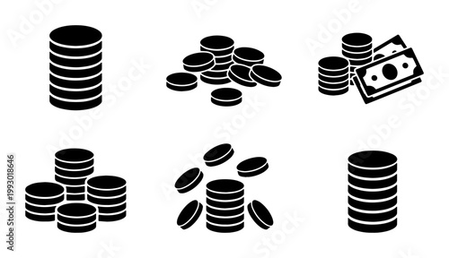 Black coin stack icons and money symbols, flat vector currency set, financial savings and banking cash illustrations for business infographics