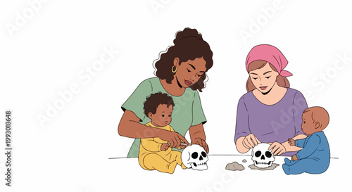 Two mothers and babies playing with skulls, vector illustration for educational purposes. Mothers and infants engaged in learning activity, skull models for early childhood development.