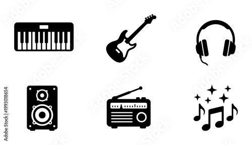 Minimalist music icons set, black musical instrument vector silhouettes, 6 audio equipment symbols for studio and entertainment design