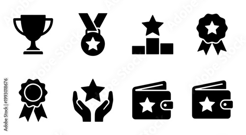 Achievement and reward icon set, black solid vector symbols for success and victory, trophy medal and star award collection for business and gaming