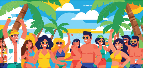Large crowd cheering at lively seaside daytime festival event clipart flat