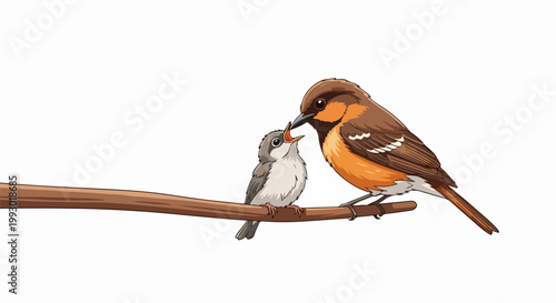 Bird feeding chick on branch vector illustration, parental care concept for nature and wildlife themes. for branding, packaging, banner, poster, website header, and social media design use