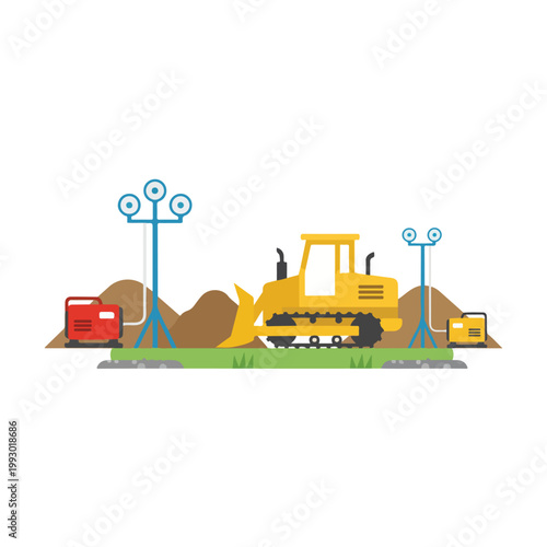 A yellow bulldozer works on a construction site with portable light towers and power generators set against a backdrop of dirt mounds.