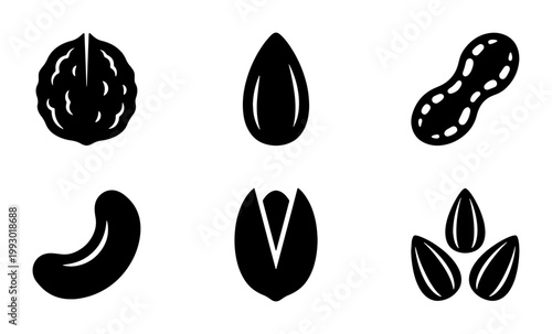 Minimalist nut icons set, black silhouette nut and seed collection, flat vector walnut almond peanut cashew pistachio and sunflower seed symbols
