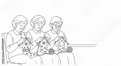 Vector illustration of three elderly women knitting together on a bench, enjoying a shared hobby and community.