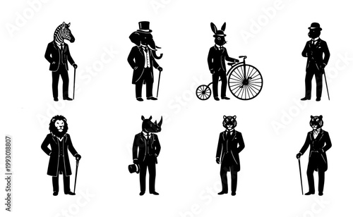 Vintage Victorian anthropomorphic animals set, 8 black and white gentleman animal characters in suits, retro woodcut style mascot collection