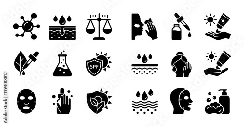 Skincare and dermatology icons set, 18 black solid cosmetic vector symbols, facial beauty routine and skin treatment elements for packaging design