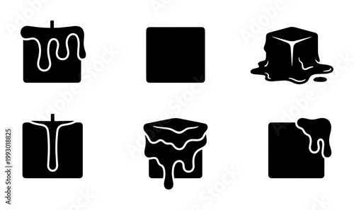 Melting cube icons set, black silhouette of dripping square shapes, 6 vector elements of liquid wax and frozen ice blocks for UI design