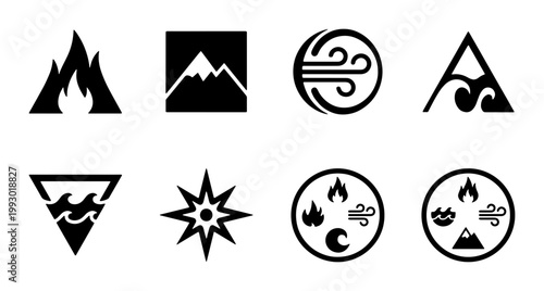 Minimalist four elements icon set, black and white nature symbols vector, fire water air and earth signs for branding and logo design