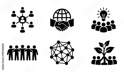 Business collaboration icons set, corporate teamwork and global partnership symbols, professional networking and community growth vector elements