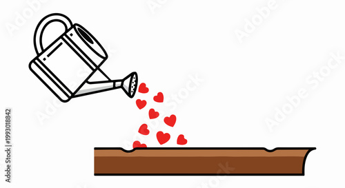Watering can pouring hearts into soil, vector illustration for love and growth concepts. Planting seeds of affection, nurturing relationships, and spreading kindness.