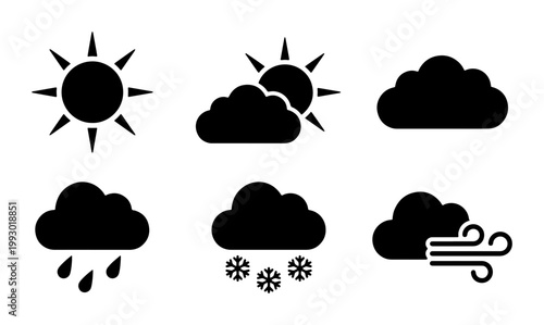 Cuadro en lienzo Weather icon set with 6 black vector symbols, meteorology forecast signs for sun