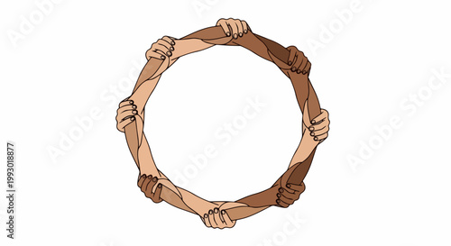 Diverse hands linked in circle vector illustration symbolizing unity and equality, global cooperation concept for social justice.