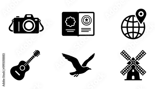Travel and tourism solid icon set, black silhouette vacation symbols including camera and passport, 6 vector elements for trip planning and adventure