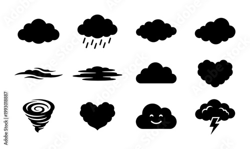Minimalist weather icon set with 12 black cloud silhouettes, meteorology symbols including rain and lightning, flat vector storm and tornado graphics