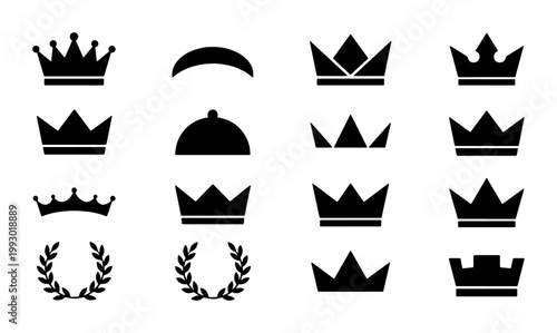 Minimalist crown icons set, black royal heraldry silhouettes, 16 premium king and queen headwear vector elements, laurel wreath victory symbols
