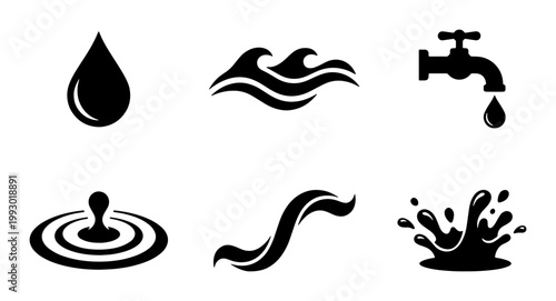 Minimalist water icon set, black liquid drop and wave symbols, plumbing faucet and splash vector collection, 6 aquatic graphic elements for web design