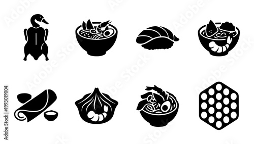 Asian food icon set, black silhouette Chinese cuisine elements, 8 vector illustrations of Peking duck, ramen, dim sum, and sushi for restaurant menus