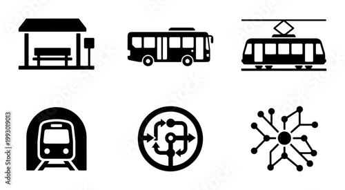 Public transport icon set, black silhouette bus and train symbols, urban transit and logistics vector collection for city navigation maps