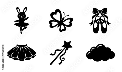 Ballerina silhouette icon set, 6 black ballet vector elements, cute bunny dancer and pointe shoes, magic wand and tutu skirt for nursery decor
