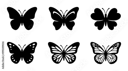Black butterfly silhouette icons set, minimalist insect vector illustrations, 6 decorative butterfly wing shapes for logo design and crafting