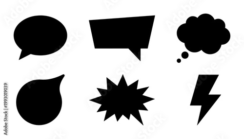 Black speech bubble silhouette set, comic book thought clouds and chat icons, 6 vector graphic elements for dialogue and communication