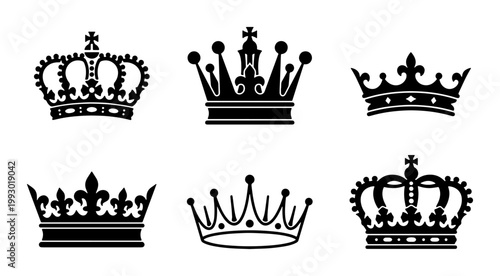 Royal crown silhouettes set, 6 black heraldic crowns and tiaras vector, vintage monarch headwear icons for luxury branding and logo design