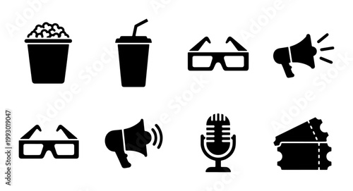 Cinema and movie theater icon set, black minimalist film production symbols, popcorn and 3D glasses vector collection, entertainment industry graphics