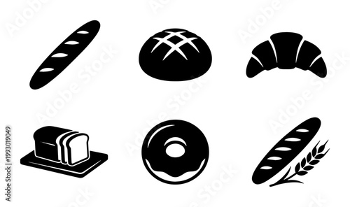 Minimalist bakery icon set, black silhouette bread and pastry collection, 6 vector elements including baguette, croissant, donut, and loaf for cafe branding