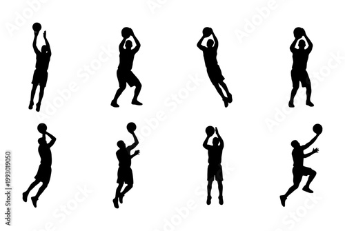 Basketball player silhouette set, 8 athlete vector figures shooting and jumping, black sports action poses for competition graphics