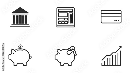 Financial Icons in Simplicity: A collection of simple line art icons representing banking and financial concepts. Perfect for business and finance-related visual media.