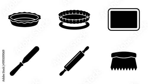 Baking tools and pastry equipment icon set, 6 black silhouette vector elements, professional kitchen utensils for cake and pie preparation