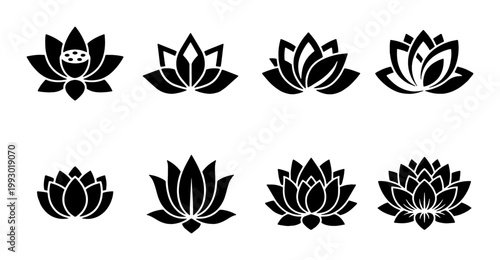 Minimalist lotus flower icons set, black floral silhouettes for yoga and wellness branding, 8 vector lotus symbols for meditation and spa logos