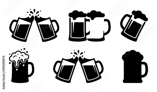 Beer mug icons set, black silhouette beer glass vector collection, foaming ale steins for pub and brewery branding, toasting beer mugs with foam