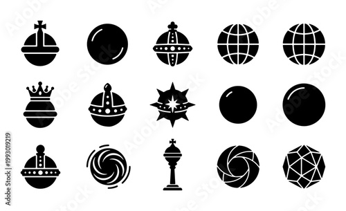 Royal orb and globe icon set, 15 black silhouette sphere symbols, sovereign regalia and celestial planet vector elements for heraldry and web design