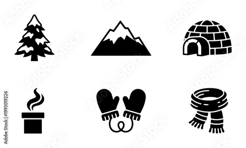 Winter season icon set with 6 black vector elements, snowy mountain and pine tree symbols, igloo and warm clothing graphics for seasonal design