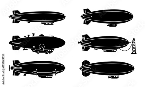 Vintage airship silhouette collection, 6 retro zeppelin and dirigible vector icons, antique steampunk flying machine set for historical design